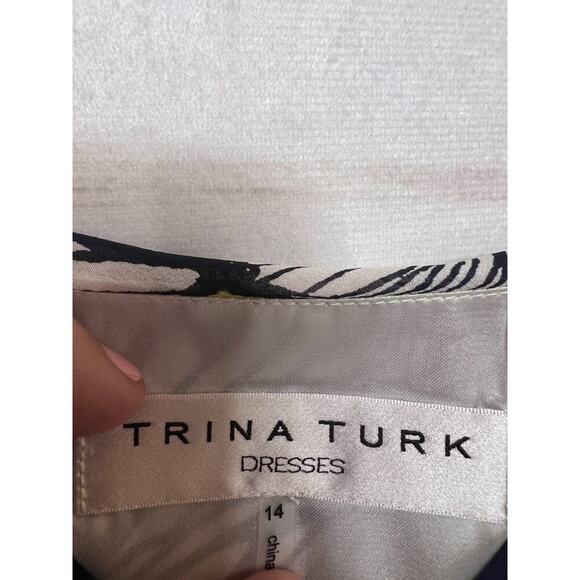 Trina Turk Size 14 Dress Neon Yellow Navy Trim Flowers - Picture 3 of 5